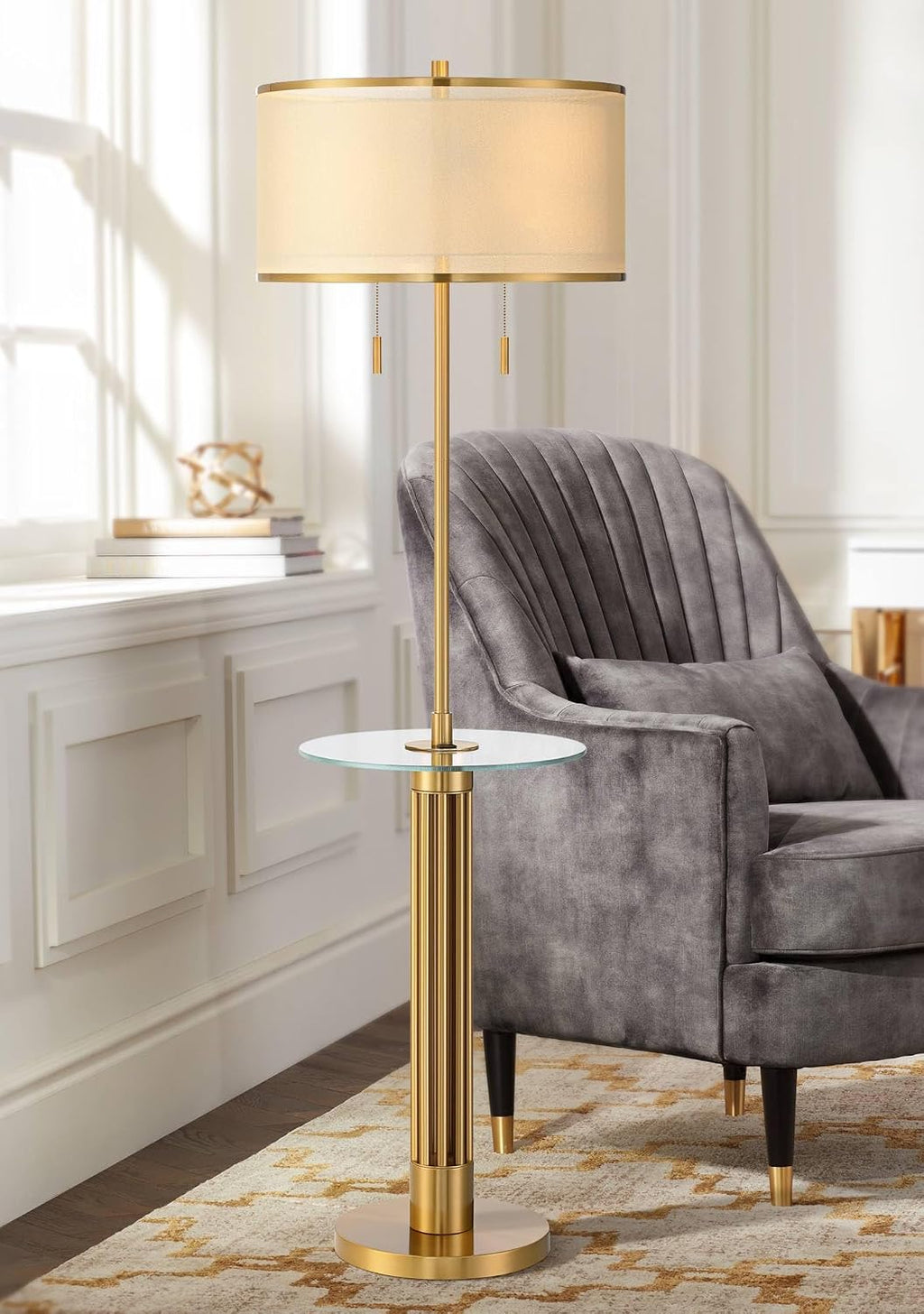 Possini Euro Design Granview Mid Century Modern 66' Tall Standing Floor Lamp with Glass Table USB Port Gold Metal Warm Brass Finish Living Room Bedroom House Reading Office Home Decor Entryway
