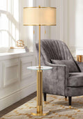 Possini Euro Design Granview Mid Century Modern 66' Tall Standing Floor Lamp with Glass Table USB Port Gold Metal Warm Brass Finish Living Room Bedroom House Reading Office Home Decor Entryway