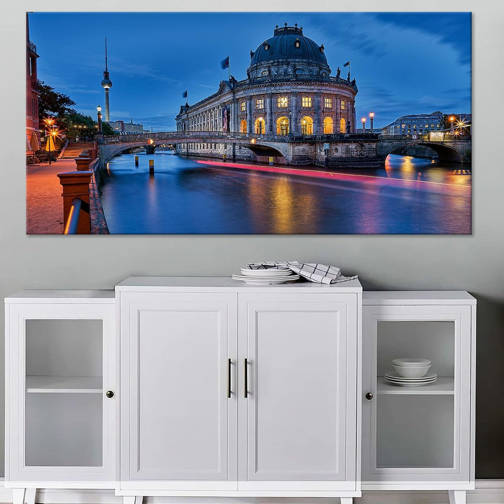 Magical Berlin Dusk Print River Reflection Cityscape Decor European Historic Waterfront Wall Art Enchanted German Capital Poster Vintage Canvas Bedroom Office Picture 20x40inch Framed