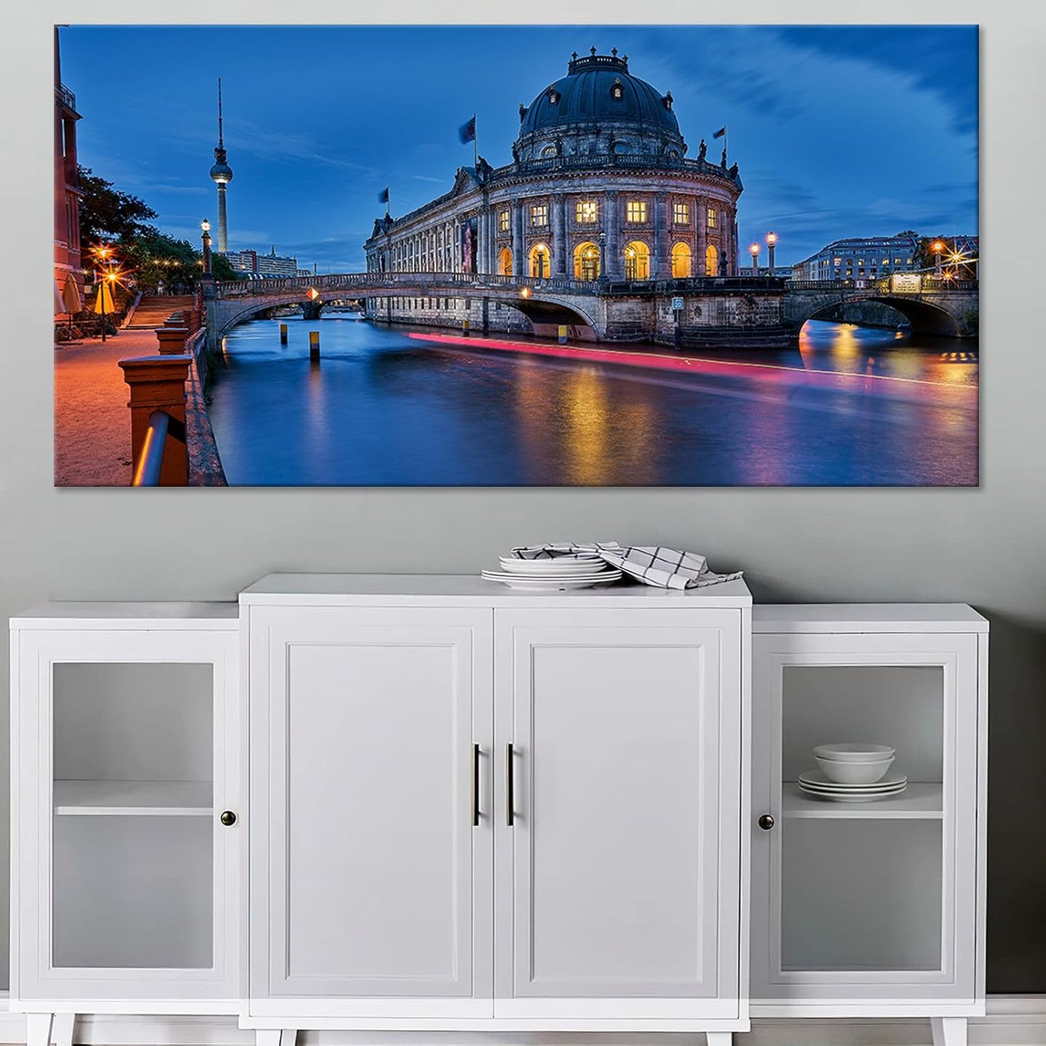 Magical Berlin Dusk Print River Reflection Cityscape Decor European Historic Waterfront Wall Art Enchanted German Capital Poster Vintage Canvas Bedroom Office Picture 20x40inch Framed