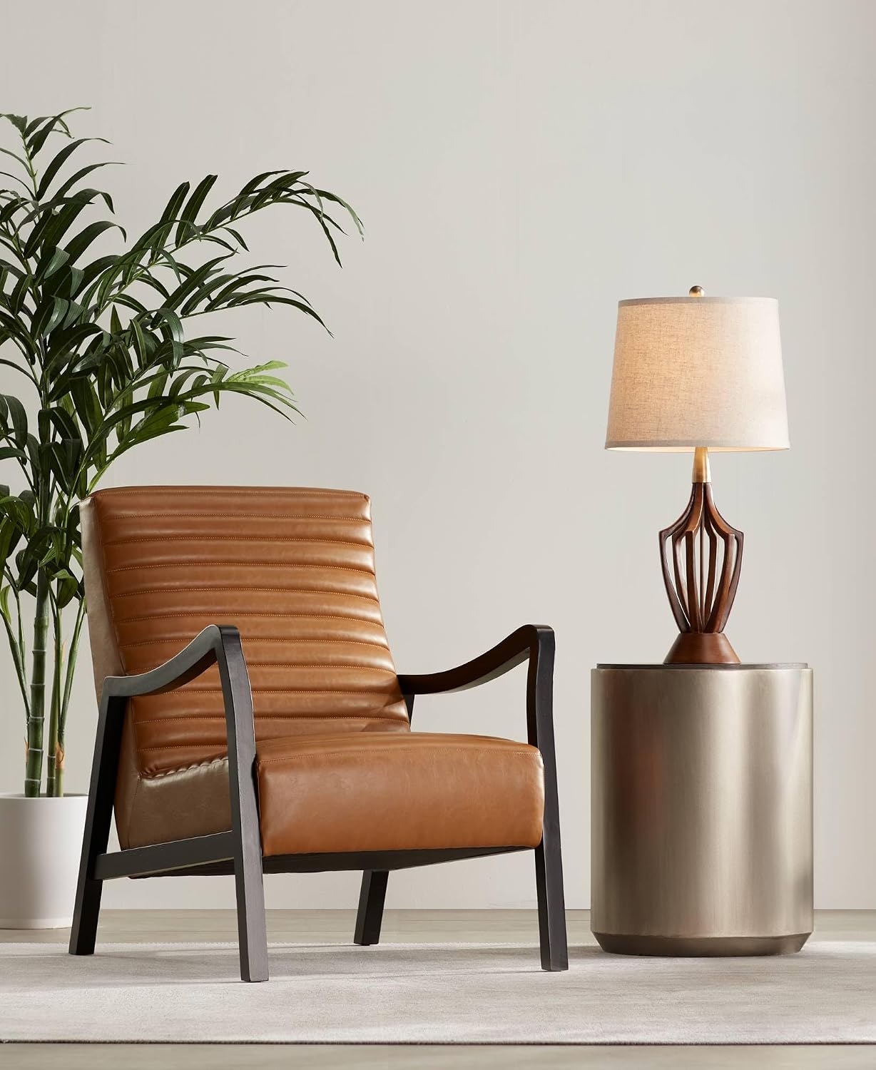 360 Lighting St. Claire Mid Century Modern 3-Way Table Lamp 30 3/4' Tall with USB Charging Port Wood Taupe Fabric Drum Shade for Bedroom Living Room Nightstand Bedside Night Stand Office