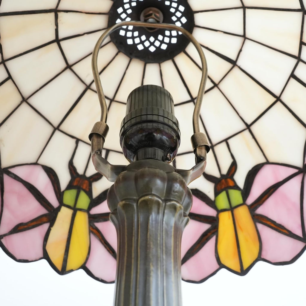 Tiffany Lamp Yellow Beetle Pink Stained Glass Table Lamp Vintage Bedroom Desk Light for Home Dorm Office Art Craft Antique Decor Accent Aesthetic Nightstand Reading Light