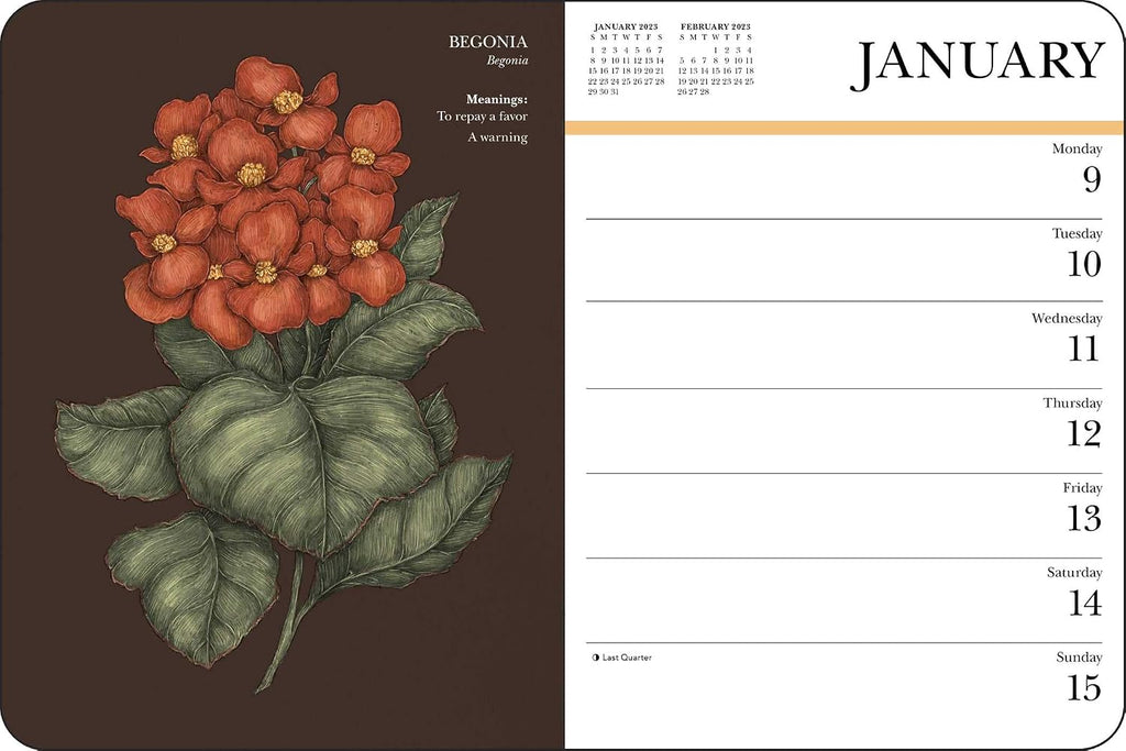 Floriography 12-Month 2023 Monthly/Weekly Planner Calendar: Secret Meaning of Flowers