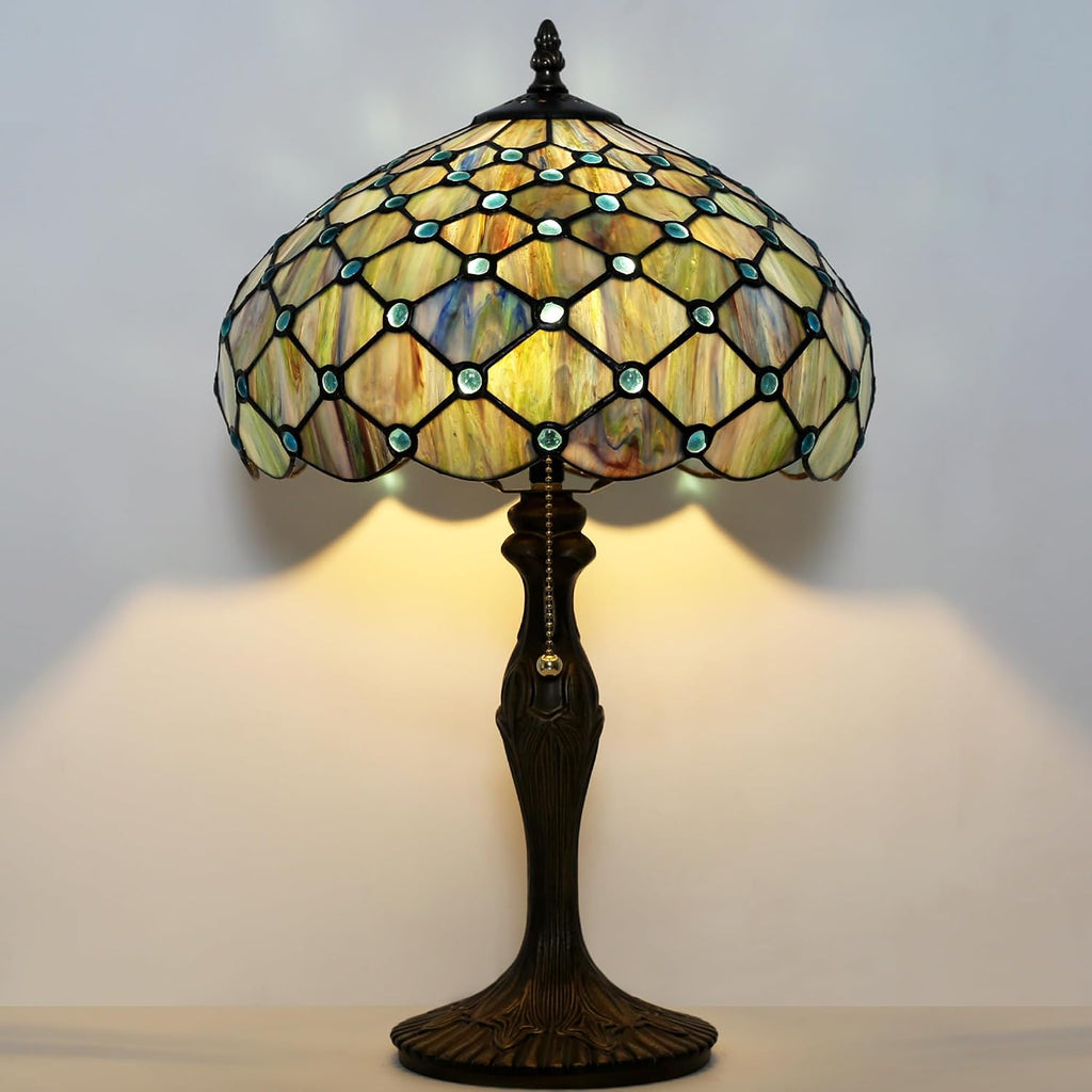 Tiffany Lamp Stained Glass Table Lamp 12' x 19' Blue Beads Style Decorative Lamp Bedside Reading Lamp for Desk Living Room Bedroom Office Study Light Home Decor Gift