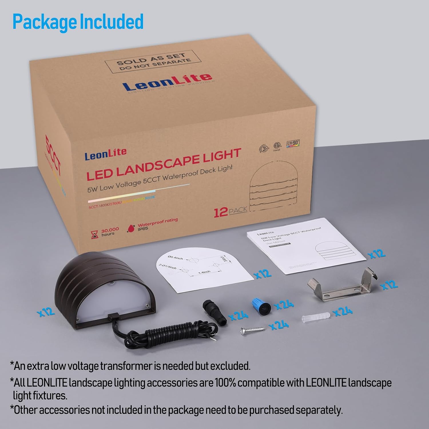 LEONLITE 12-Pack Update 5CCT Low Voltage LED Deck Lights, 250LM Ultra Bright Fence Down Light, 12-24V AC/DC Anti Glare Step Railing Light, CRI90, 1800K/2700K/3000K/4000K/5000K, IP65, Oil Rubbed Bronze