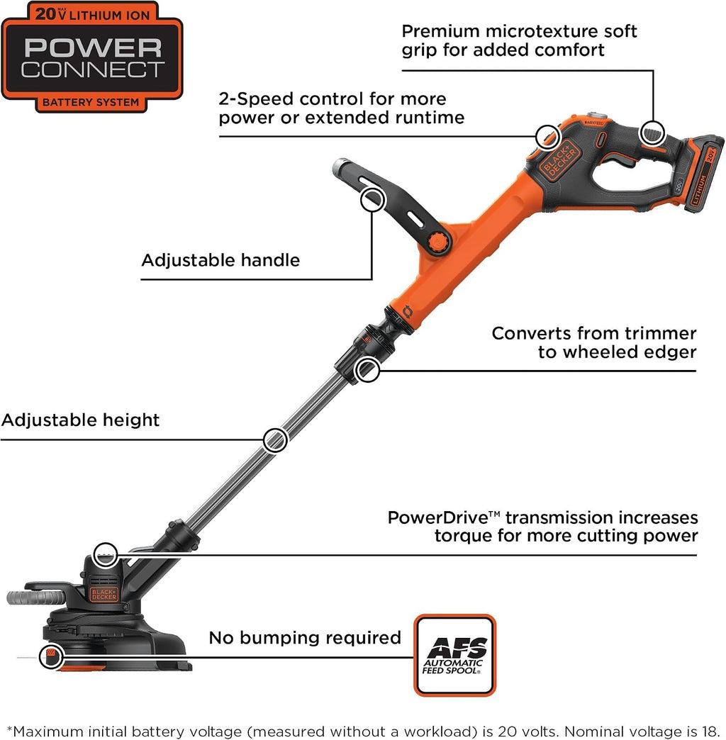 BLACK+DECKER 20V MAX Cordless String Trimmer and Edger, 12 Inch Weed Eater, 2-Speed Control Weed Wacker, 2 Batteries, Charger and Spool Included (LSTE525)