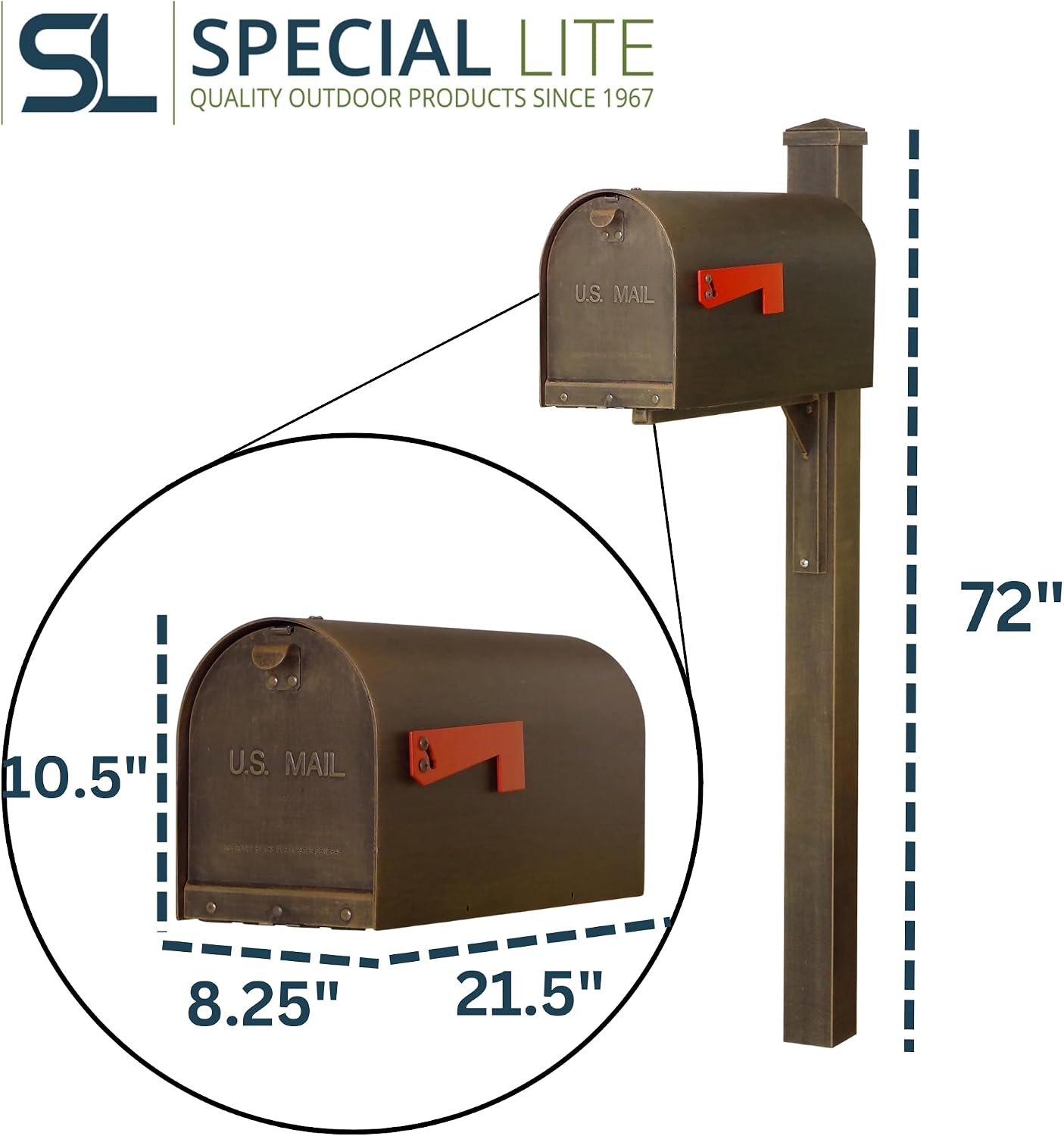 Special Lite Titan Curbside Mailbox with Wellington Post - Copper Steel/Aluminum Mailbox with Post - SCH1016S_SPK720-CP