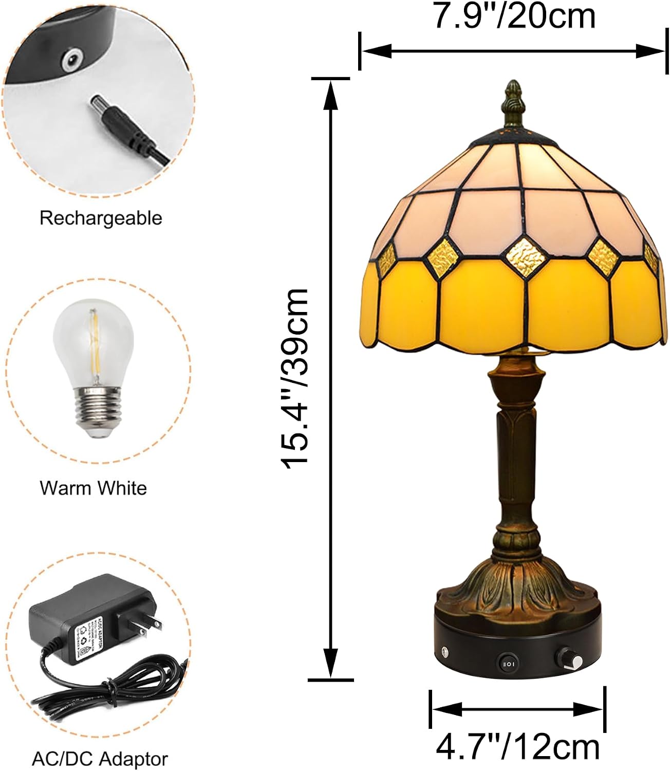 Kiven Cordless Table Lamp, Dimmable Bedside Lamps for Nightstand with Yellow Glass Lampshade, Tiffany-Style Rechargeable Desk Lamp for Reading Home Decor Bedside,1-Light