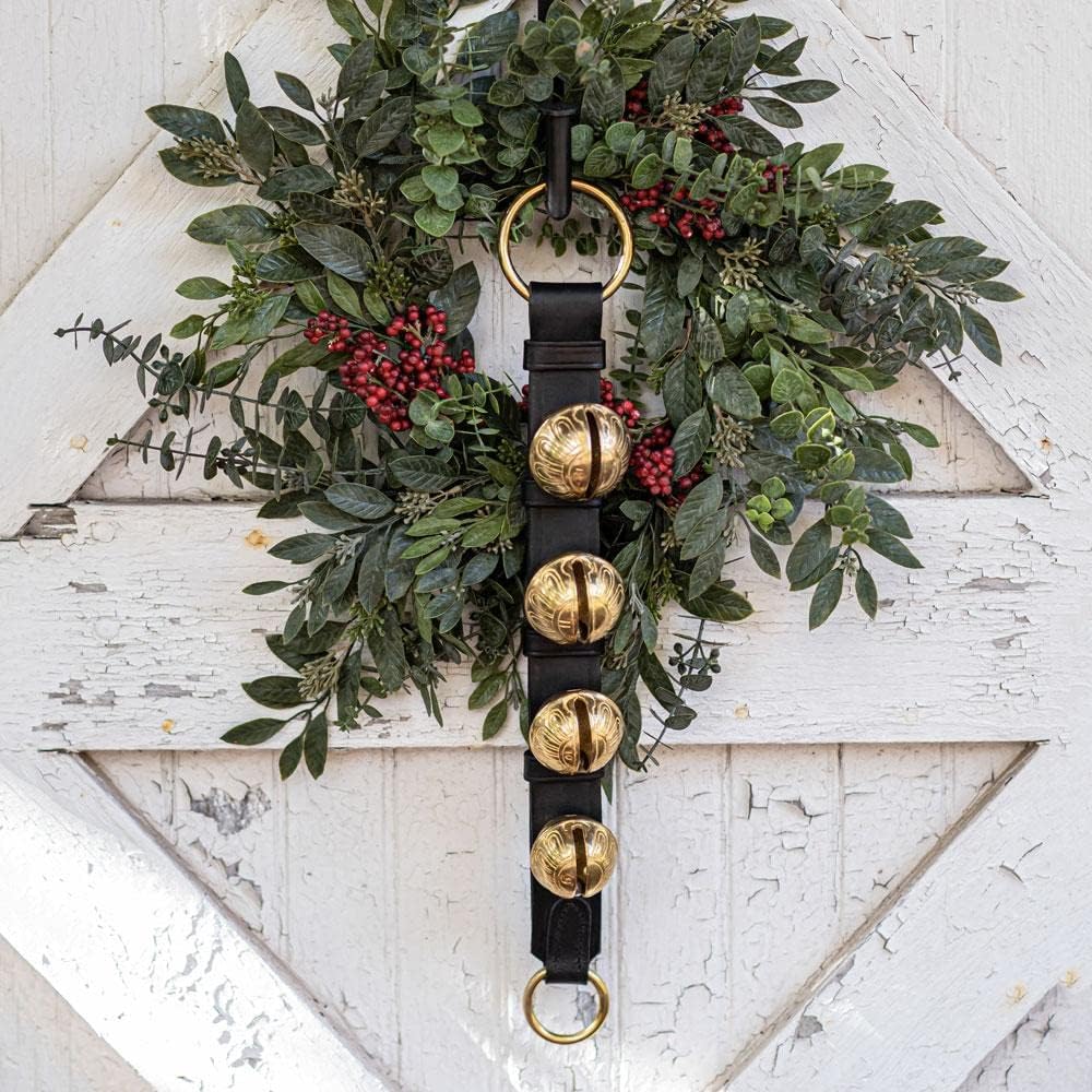 Rustic Red Door Co. Hanging Jingle Sleigh Bells on Leather Strap for Door Knob, Dog to Go Outside, Pet Puppy Potty Training, Christmas Decor, 4 Brass Bells, Black Leather