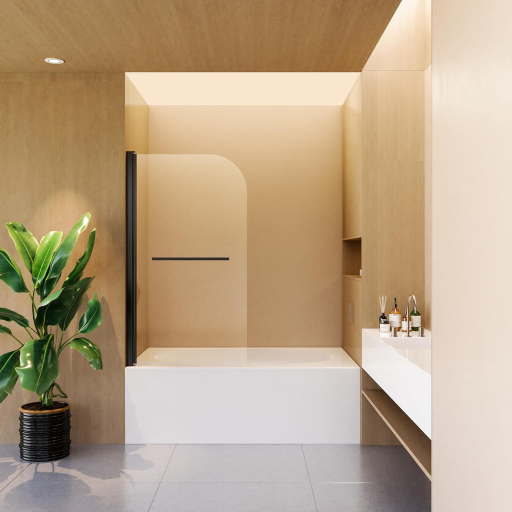 31 * 55 Inch Frameless Shower Door for Bathtub，180 Degree Hinged Pivot, Chrome Finish Bathroom Door，with 1/4' (6mm) SGCC Tempered Glass, Handle and Seal Strip for Waterproof (Black
