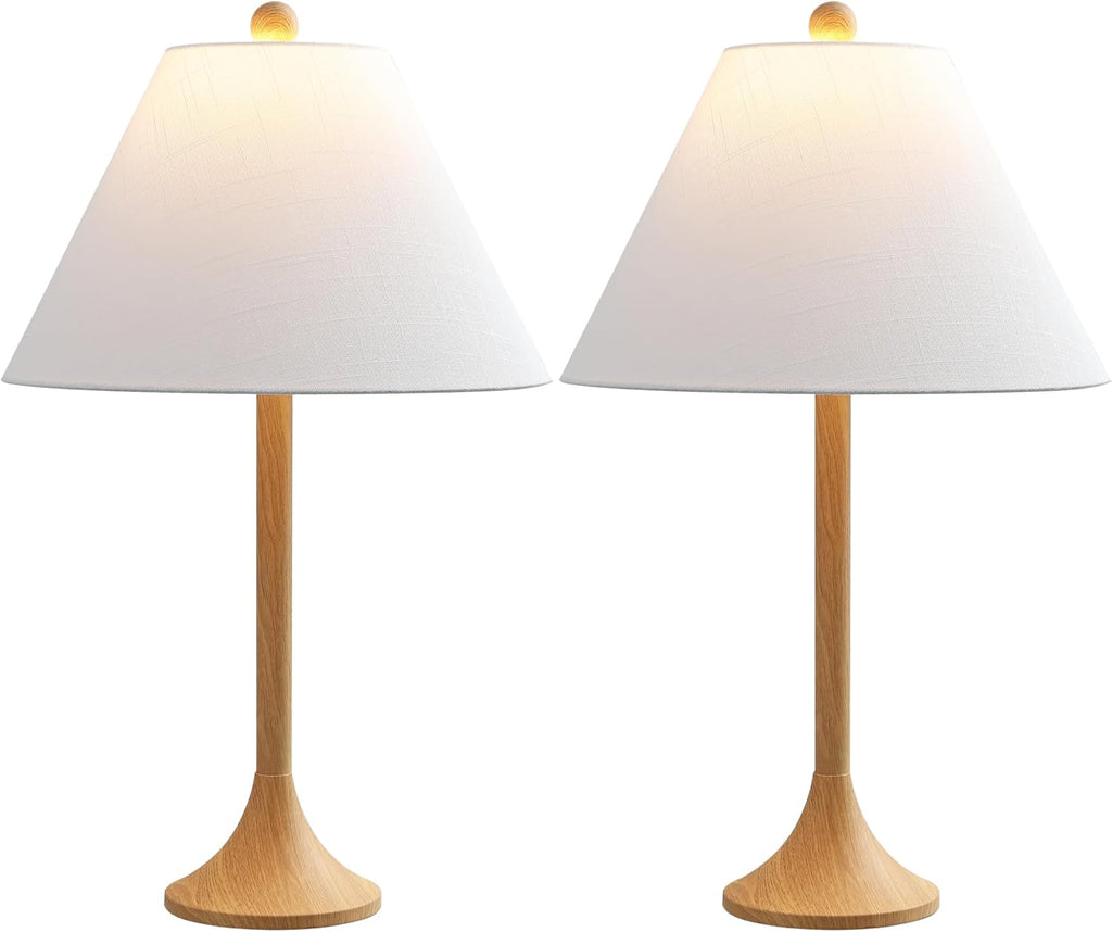 JONATHAN Y 25' Brown Wood Finish Modern Coastal Iron Table Lamp Set of 2, Faux Wood Grain Column Bedside Lamps for Living Room, White Linen Shade, LED Bulbs Included JYL5507A-SET2