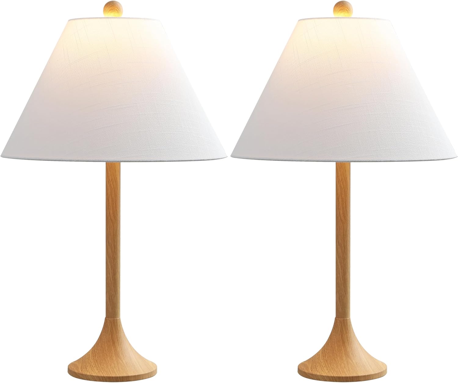 JONATHAN Y 25' Brown Wood Finish Modern Coastal Iron Table Lamp Set of 2, Faux Wood Grain Column Bedside Lamps for Living Room, White Linen Shade, LED Bulbs Included JYL5507A-SET2