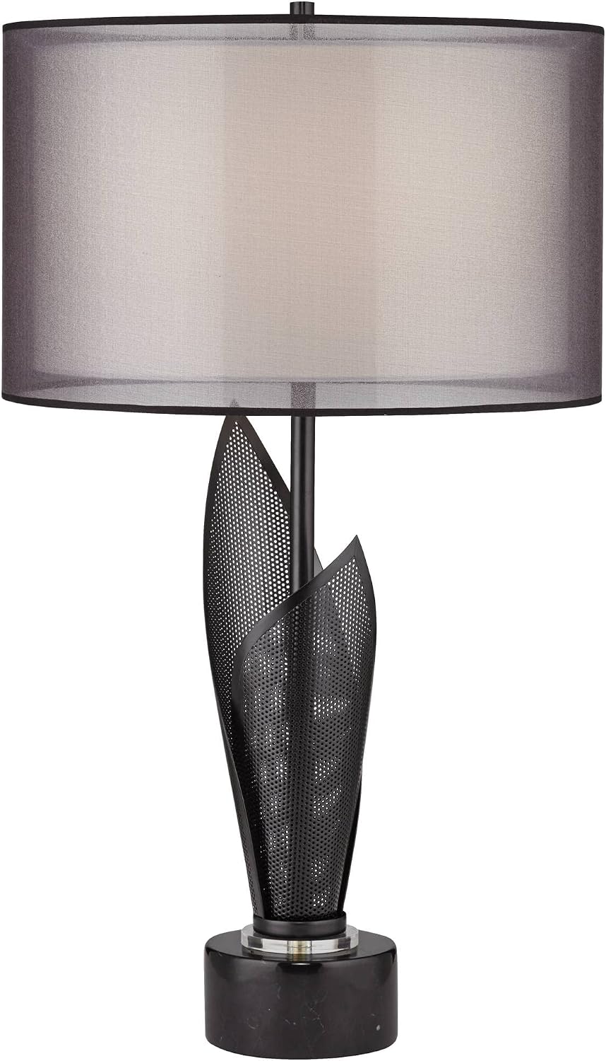 Possini Euro Design Sasha Modern Industrial Table Lamp 31 1/2' Tall Sculptural Black Metal Organza Sheer Outer White Fabric Inner Dum Shade for Bedroom Living Room House Bedside Nightstand Office