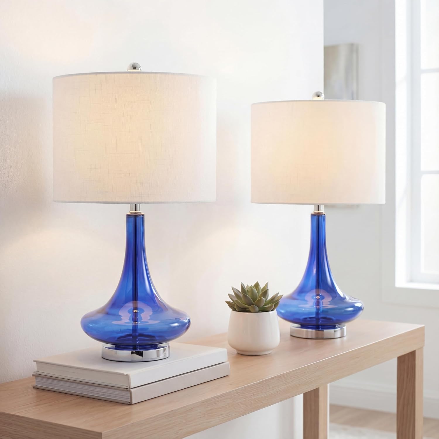JONATHAN Y 25.5' Cobalt/Chrome Glass Teardrop Table Lamp Set of 2 for Bedroom, Modern Bedside Lamps for Living Room, White Linen Drum Shade, LED Bulbs Included (JYL1081D-SET2)