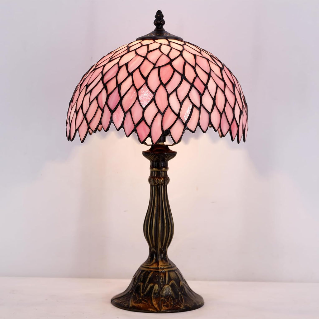 WERFACTORY Tiffany Table Lamp Pink Wisteria Style Stained Glass Desk Bedside Reading Light 12X12X18 Inches Decor Bedroom Living Room Home Office S523 Series