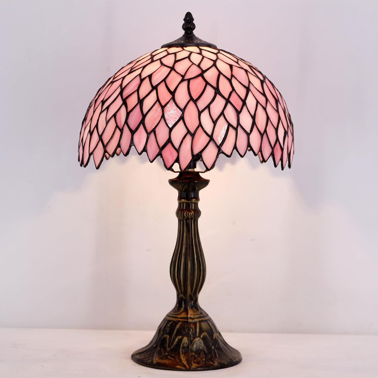WERFACTORY Tiffany Table Lamp Pink Wisteria Style Stained Glass Desk Bedside Reading Light 12X12X18 Inches Decor Bedroom Living Room Home Office S523 Series