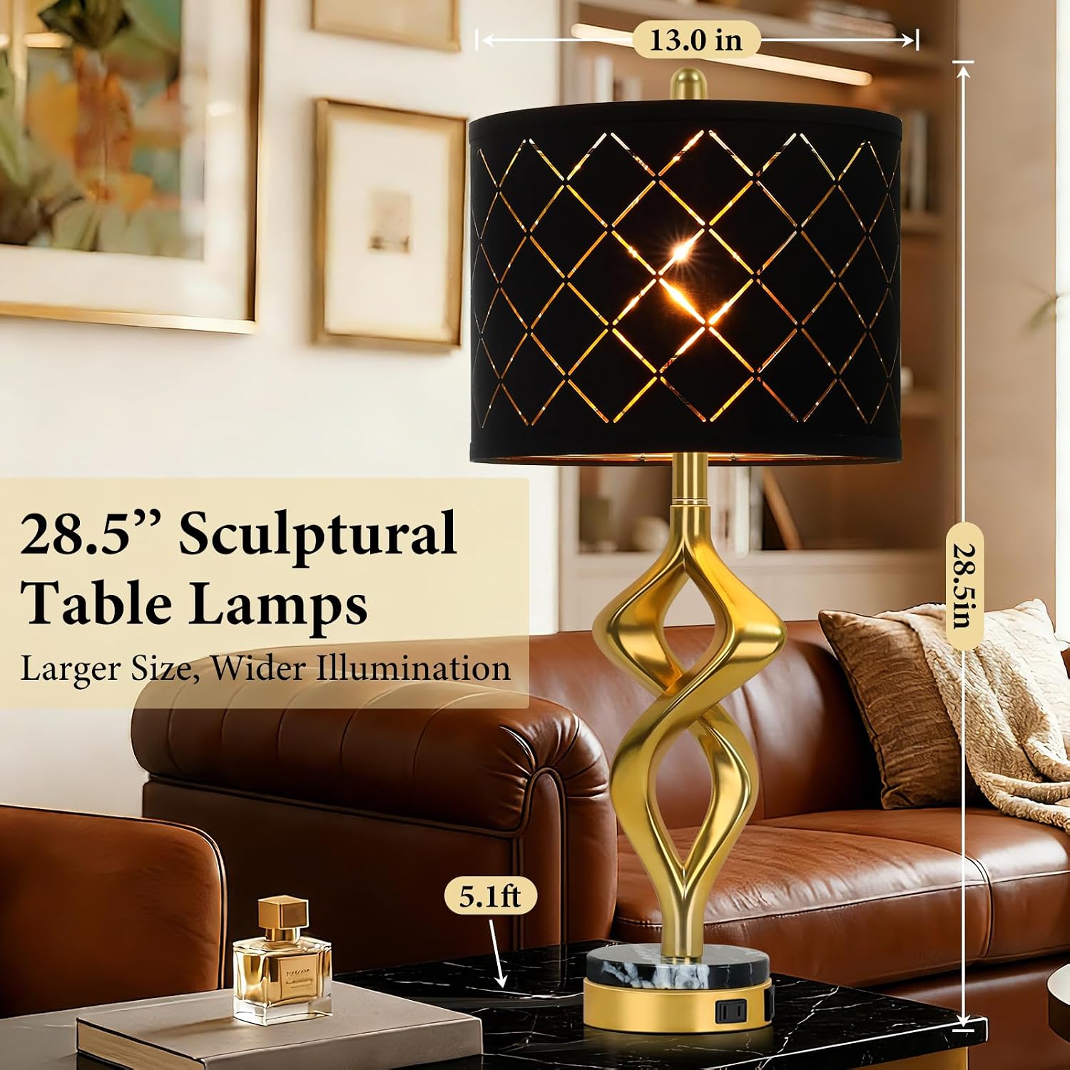 28.5' Modern Sculptural Living Room Table Lamps Set of 2 with USB Ports and Outlet, Gold Bedside Table Lamps with Black Marble Base, Nightstand Lamps for Bedroom with Luxurious Black Grid Lampshade