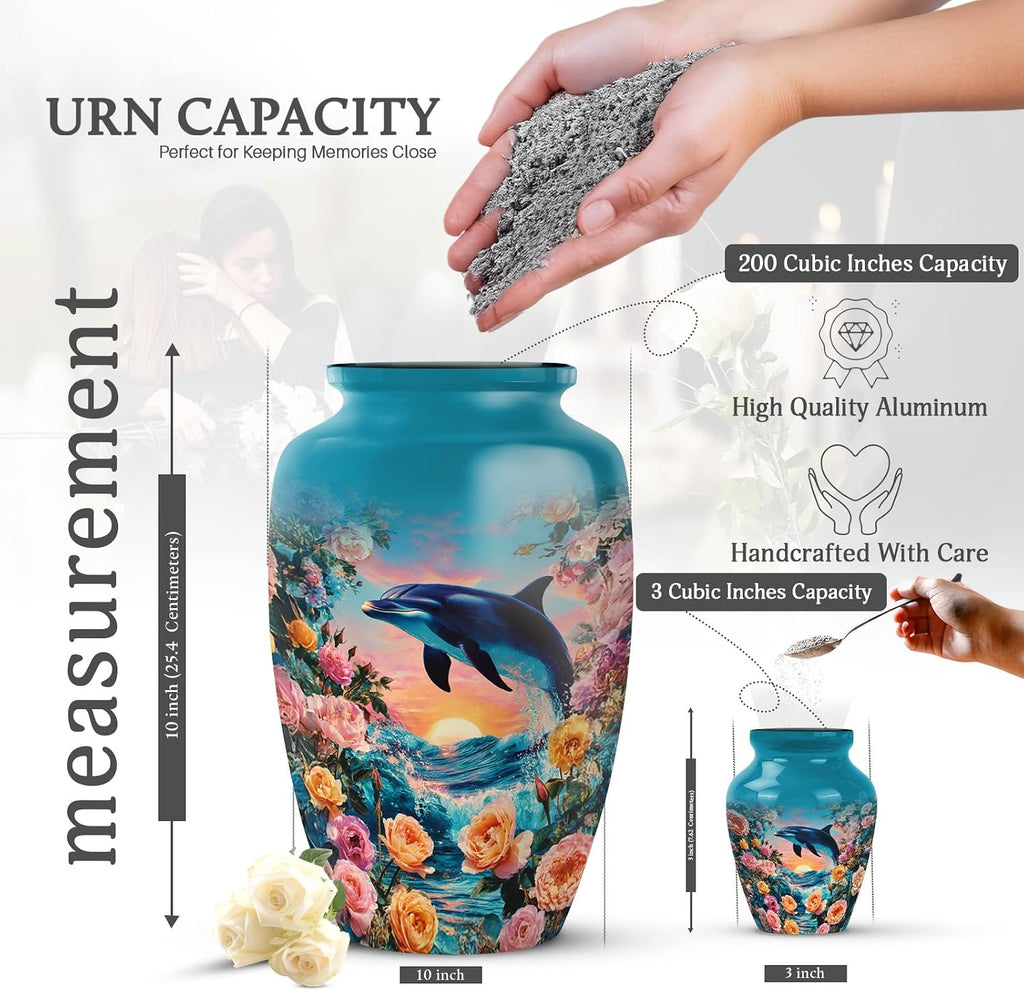 Dolphin Urns for Human Ashes Adult - Mini Keepsake Cremation Urns for Adult Ashes Women - Blue Funeral Urn for Male & Female - Roses Decorative Urn for Mom - Combo 10 Inch & 3 Inch - Set of 5