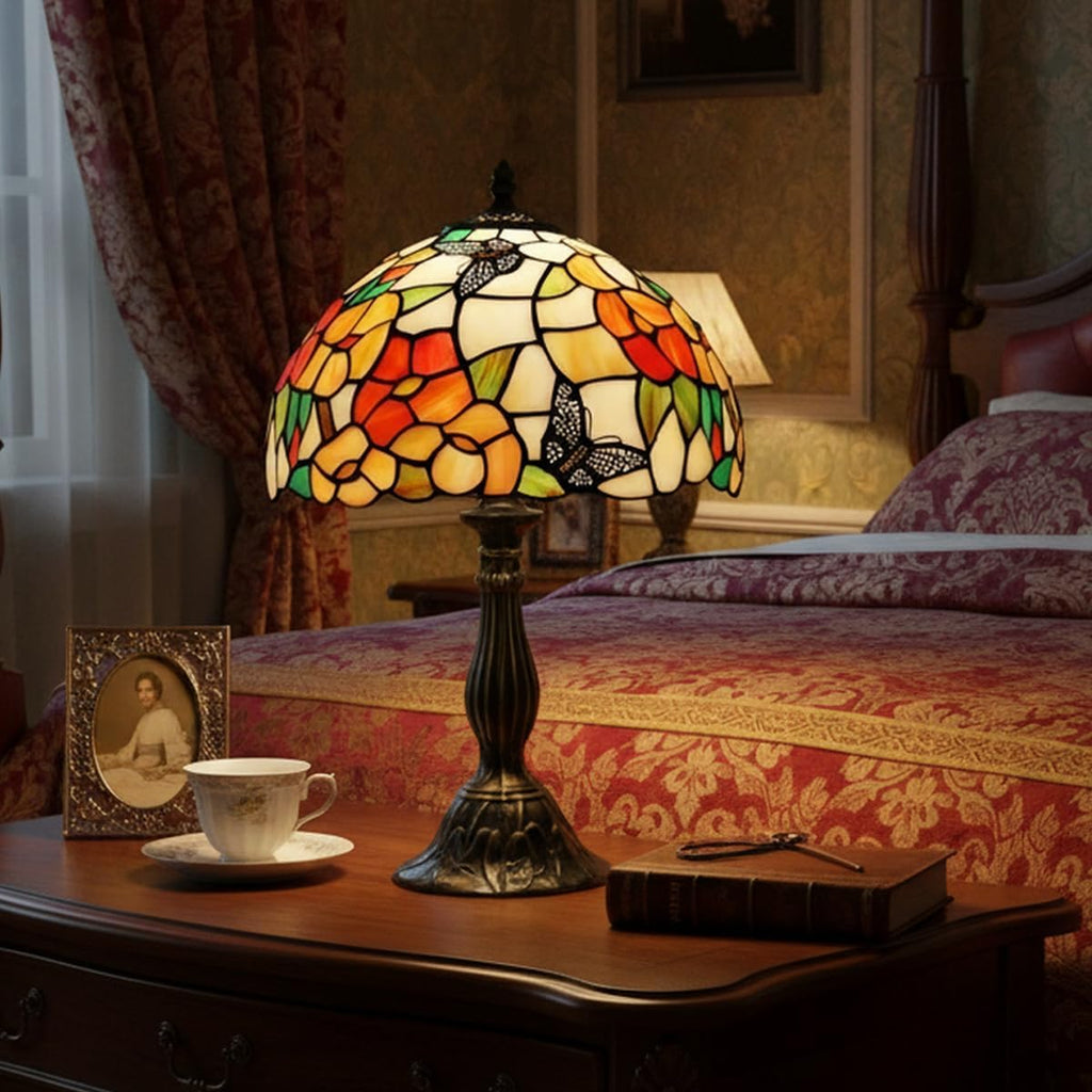 WERFACTORY Tiffany Table Lamp Bedside Pink Stained Glass Lamp Butterfly Style Reading Desk Light 12X12X18 Inches Decor Bedroom Living Room Home Office S275 Series