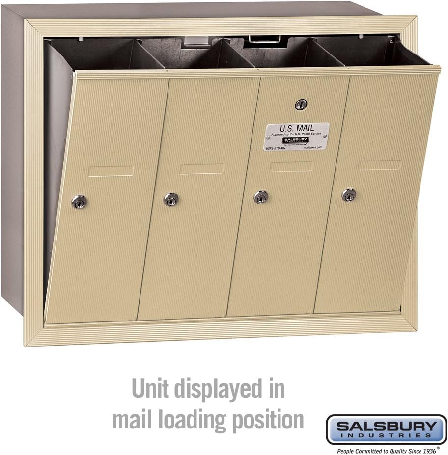 Salsbury Industries 3504SRU Recessed Mounted Vertical Mailbox for use with USPS Lock, 4 Doors, Sandstone