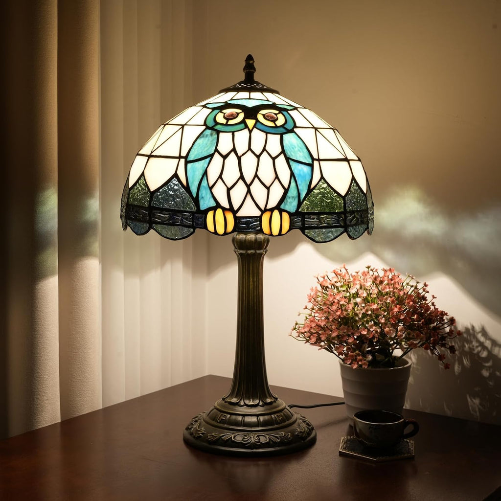 Tiffany Lamp Owl Animal Style Stained Glass Table Lamp Vintage Bedroom Bedside Light for Home Dorm Office Art Craft Antique Decor Accent Aesthetic Nightstand Reading Light 12x12x19 Inches