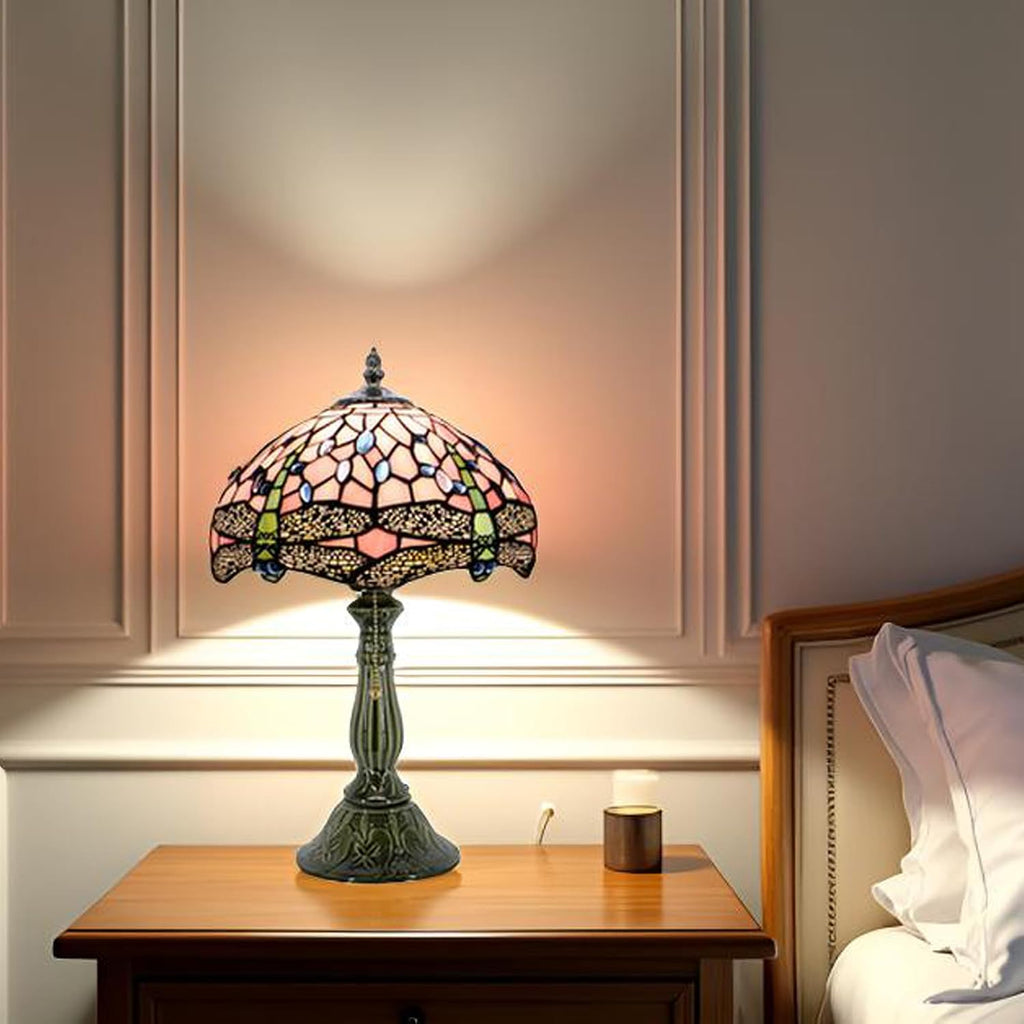 Tiffany Lamp Stained Glass Table Lamps Pink Dragonfly Style Desk Lamp12X12X18.5 Inch Bronze Ceramic Base Reading Light Suitable for Bedside Bedroom Living Room Dining Room Office
