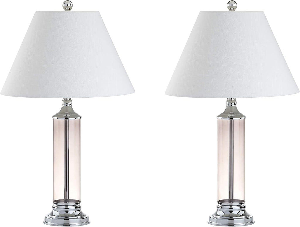 JONATHAN Y 29' Smoked Gray Glass LED Table Lamp Set of 2, Modern Bedside Nightstand Lamps for Living Room Bedroom Office, White Linen Shade, Transitional Decor (JYL4014B-SET2)