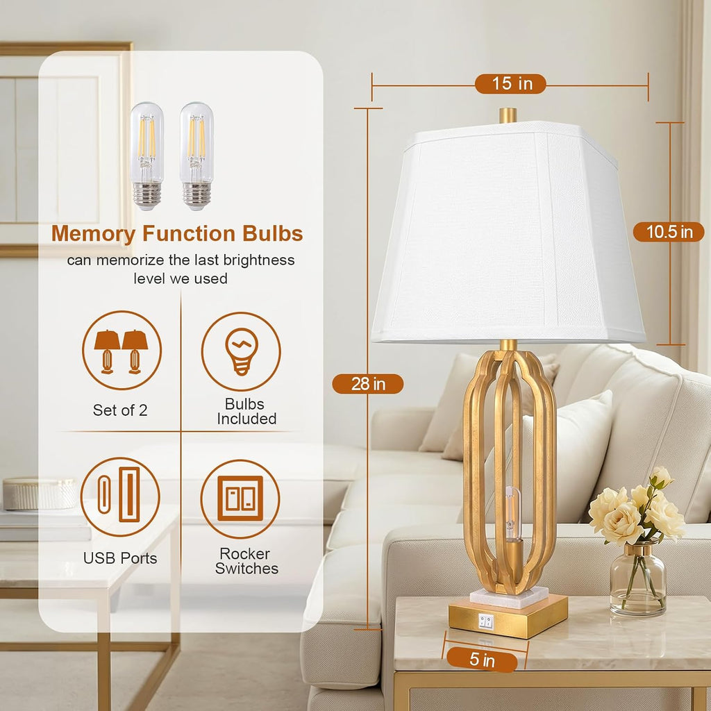 28' Iron Art Table Lamp Set of 2 for Living Room, Modern Gold Leaf Desk Lamps with Nightlight and 2 USB Charging Ports, Farmhouse Bedside Lamp for Bedroom Nightstand, 3 Way Dimmable Bulb Included