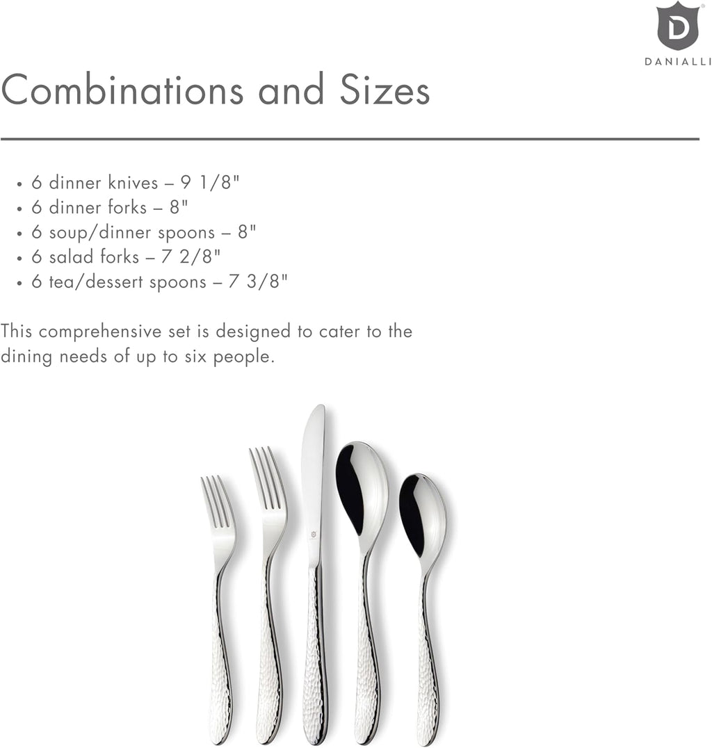 DANIALLI Hammered Silverware Set | Premium 18/10 Stainless Steel Flatware Service for 6 | Heavy-Duty & Dishwasher Safe | Built to Last (30-Piece, Marettimo Hammered)