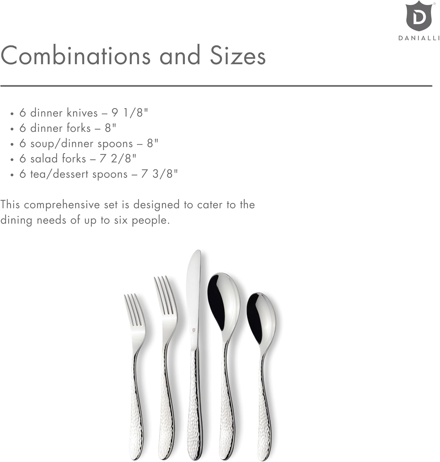 DANIALLI Hammered Silverware Set | Premium 18/10 Stainless Steel Flatware Service for 6 | Heavy-Duty & Dishwasher Safe | Built to Last (30-Piece, Marettimo Hammered)