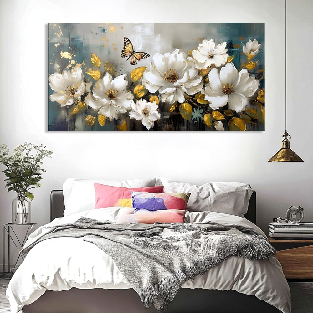 vgrozirh Wall Art Modern Flower Artwork Paintings White Blossom Gold Leaf Butterfly Landscape Picture wall Decor for Living Room Bedroom Kitchen 71'x36'