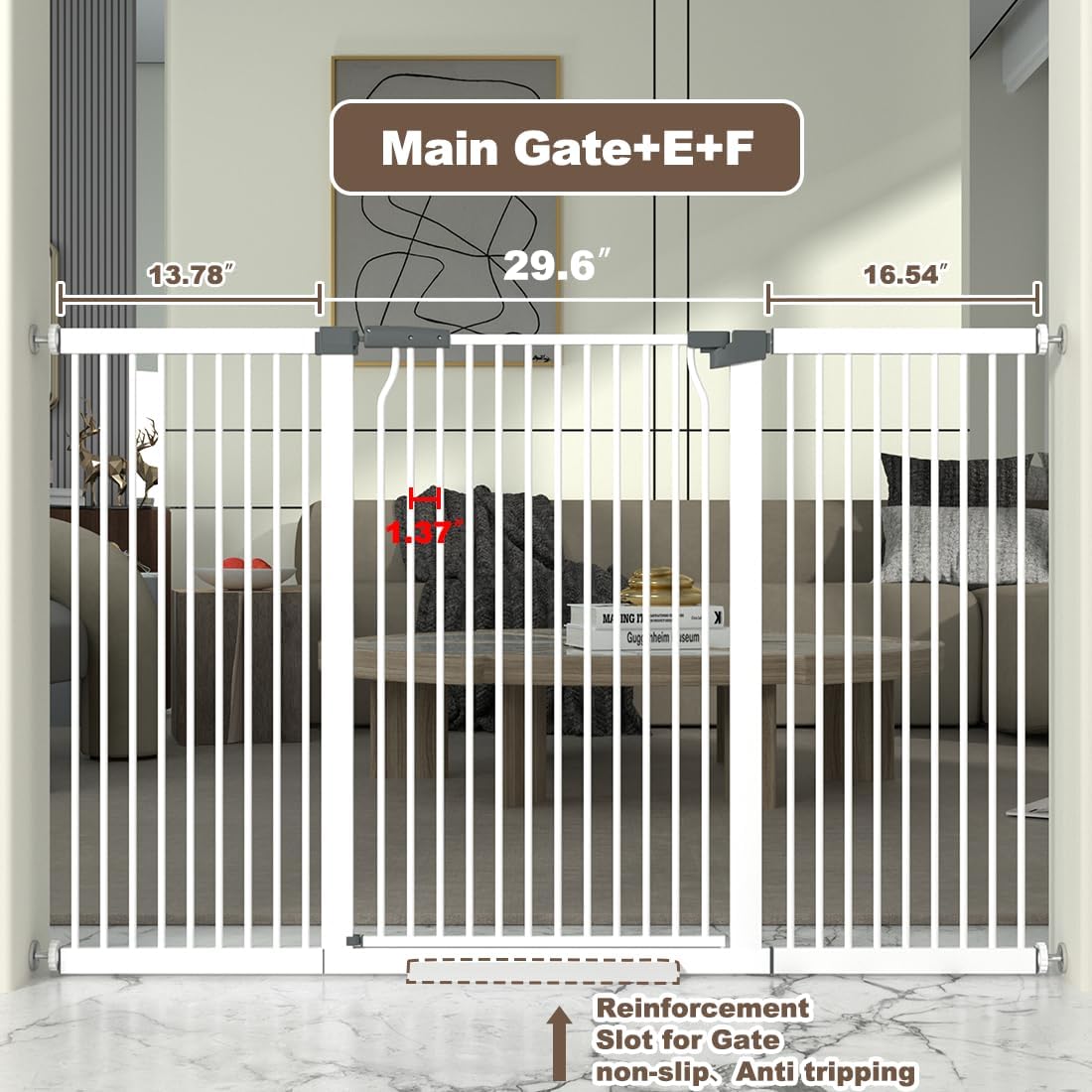 41' Extra Tall Cat Gate for Doorway, 60.3-62.9'' Metal Pet Baby Safe Gate, Extra Wide Pressure Mounted Child Door with Expansion Kit, No Drilling Baby Gate Indoor, No Climb Proof Gate, White