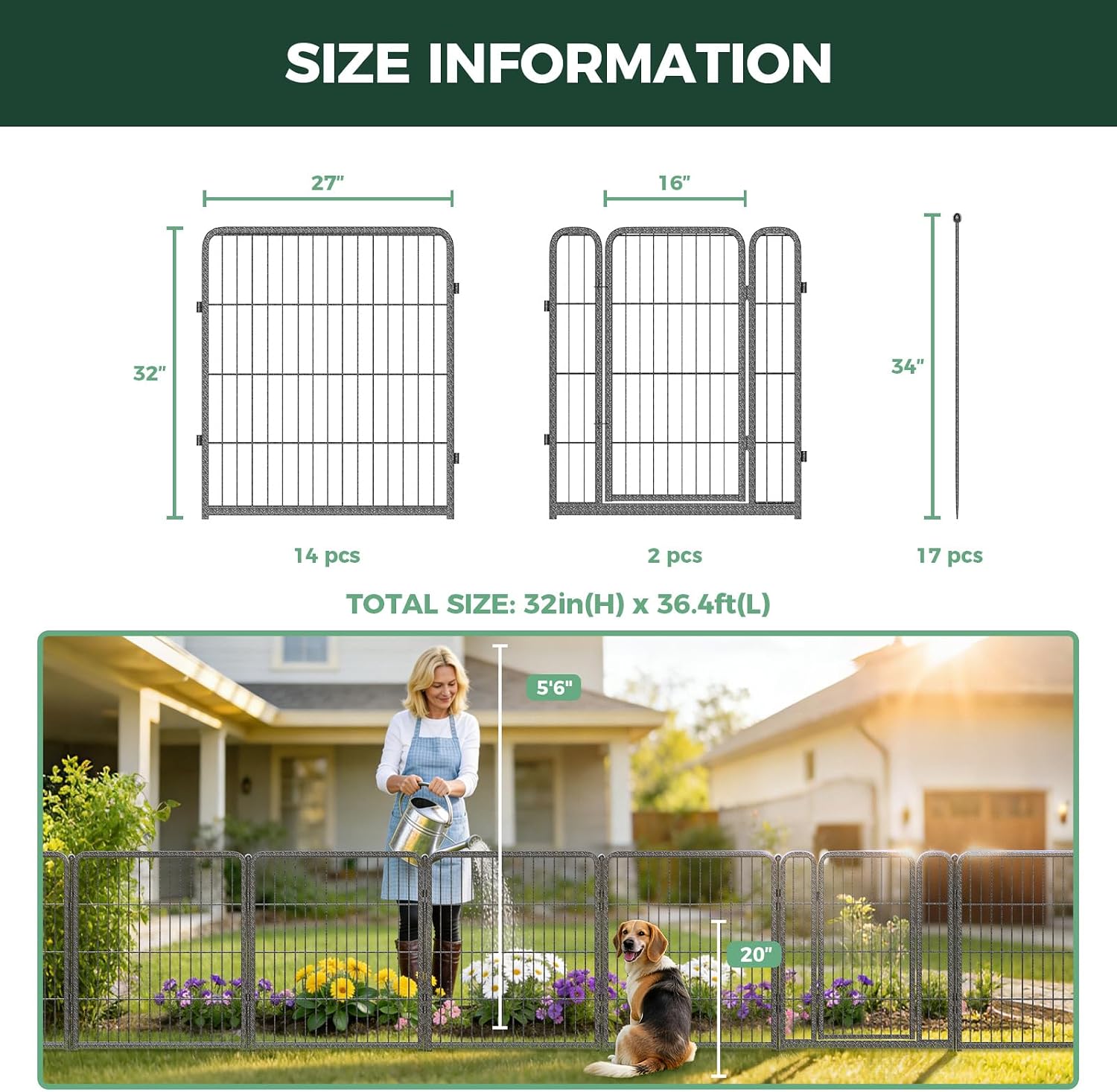 FXW Garden Fence Outdoor for the Yard – 32in(H) x 36.4ft(L) Heavy Duty Metal Animal Barrier for Dog, No Dig Decorative Dog Fence, 16 Panels, Silver