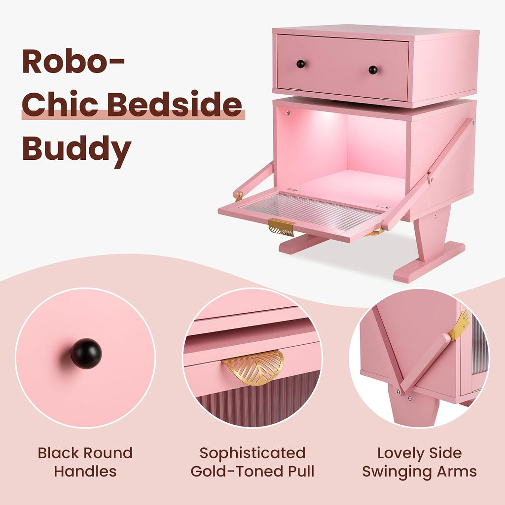 RoyalCraft Nightstands Set of 2 with LED Light Strips, Pink End Table with 360° Rotating Drawer, Modern Bedside Table with Glass Door Storage, Wood Night Stand Cabinet for Bedroom, Home Office, Pink