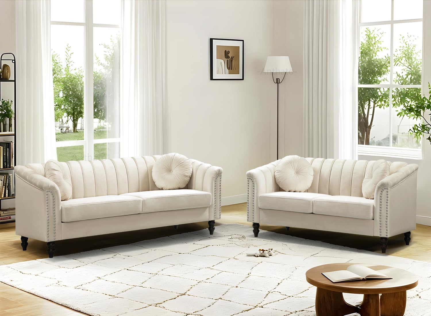 Chesterfield Sofa Set, Upholstered Sofa Couches, Living Room Couch Set, 2 Piece Velvet Loveseat and Sofa Set with Pillows, Furniture for Living Room/Office(Cream White, Sofa+Loveseat)