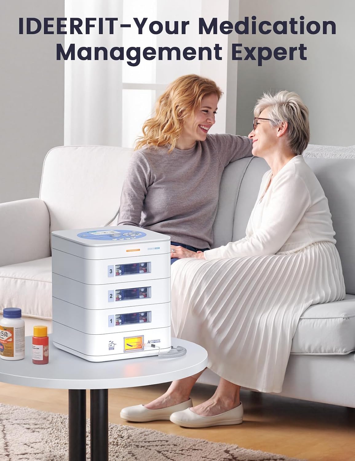 56-Day(1X) Automatic Pill Dispenser (Expandable Tray) – App & On-Device Setup by Family, LCD Display, Digital Lock, Sound & Light Alerts –Safe Medication Organizer for Dementia Seniors (4-Tray, White)