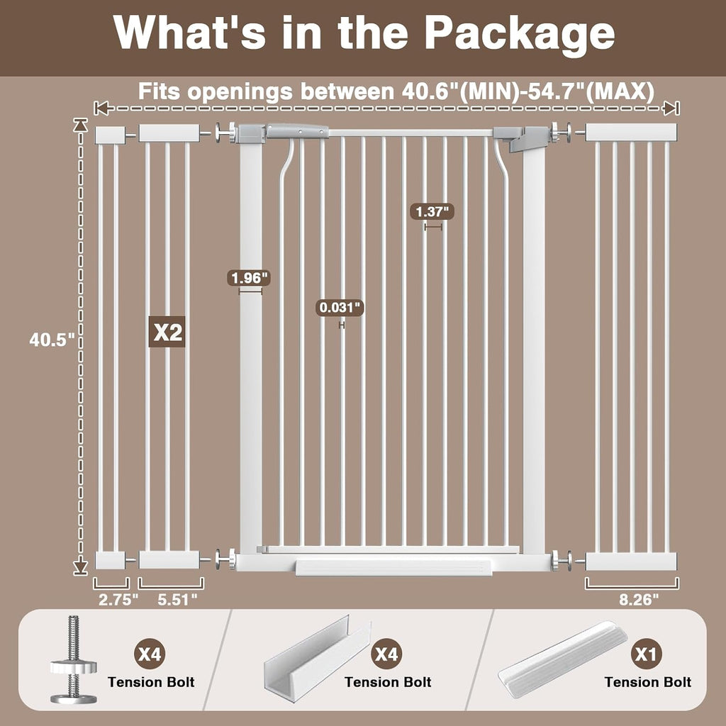 41' Extra Tall Cat Gate for Doorway, 40.6-54.7 Metal Pet Baby Safe Gate, Extra Wide Pressure Mounted Child Door with Expansion Kit, No Drilling No Climb Cat Fence Indoor, Tall Dog Gate, White