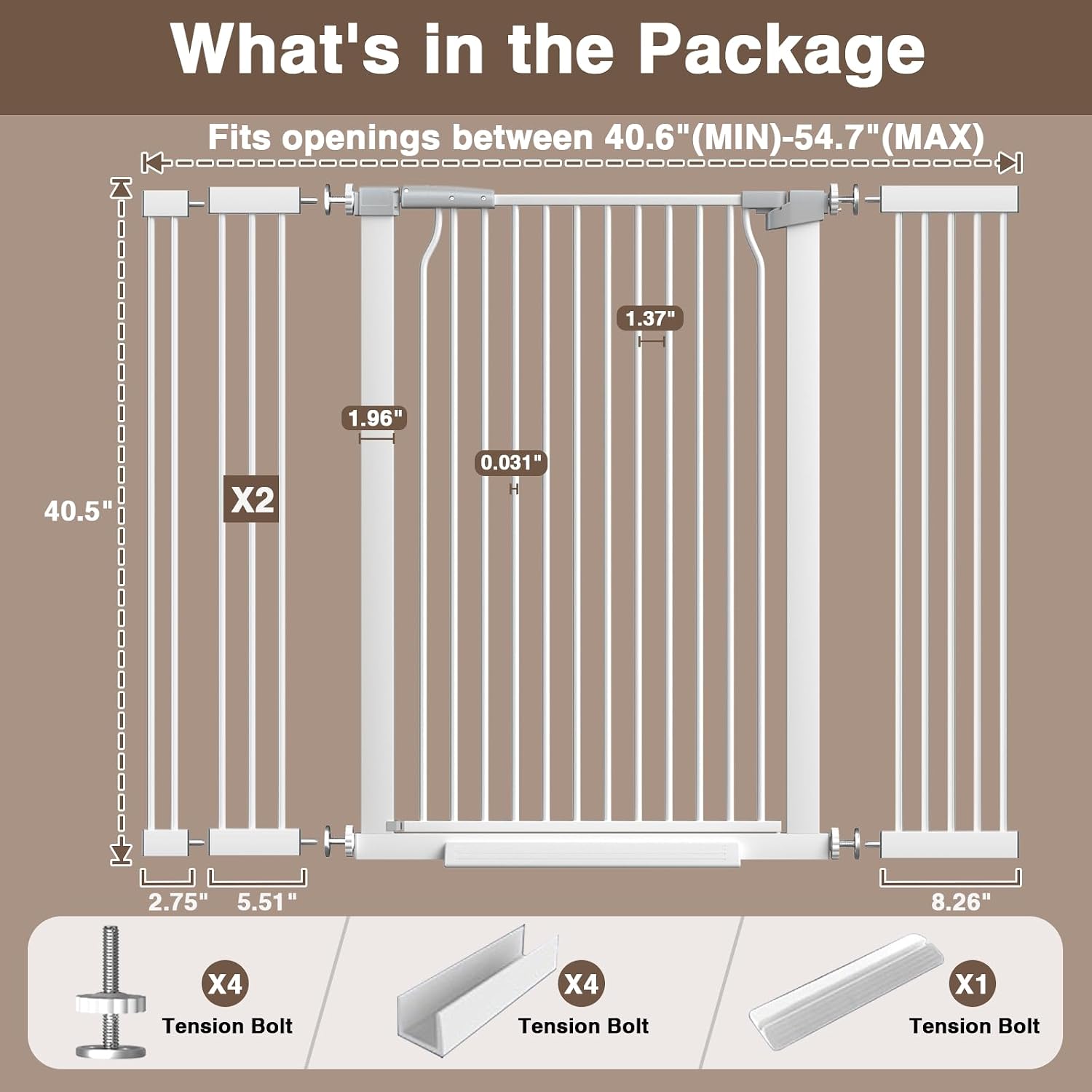 41' Extra Tall Cat Gate for Doorway, 40.6-54.7 Metal Pet Baby Safe Gate, Extra Wide Pressure Mounted Child Door with Expansion Kit, No Drilling No Climb Cat Fence Indoor, Tall Dog Gate, White