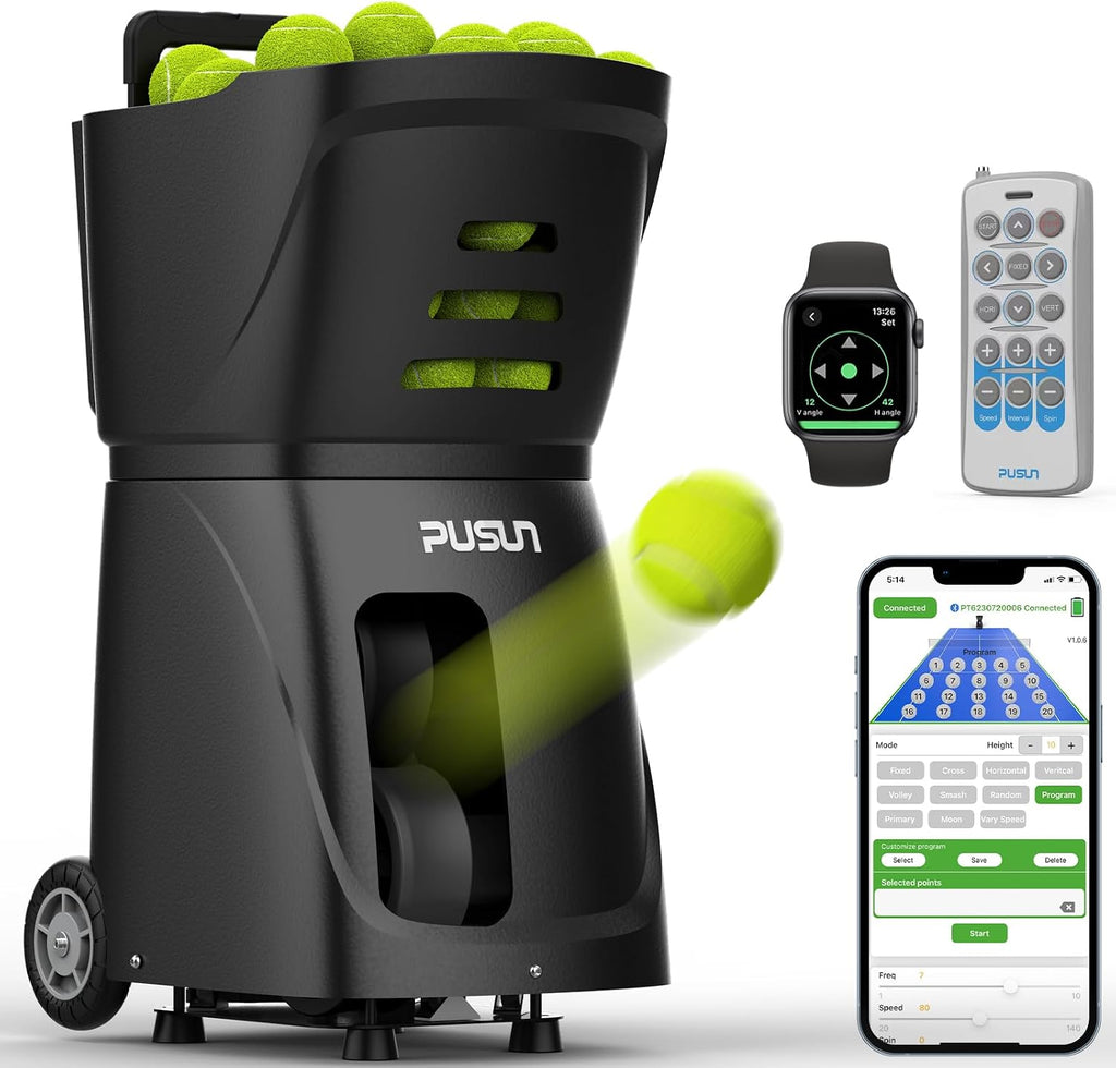 PT-SAMRT-Professional Tennis Ball Machine with App Control - 100+ Ball Capacity - 12 Training Modes - 4-6 Hours Battery Life (Black)
