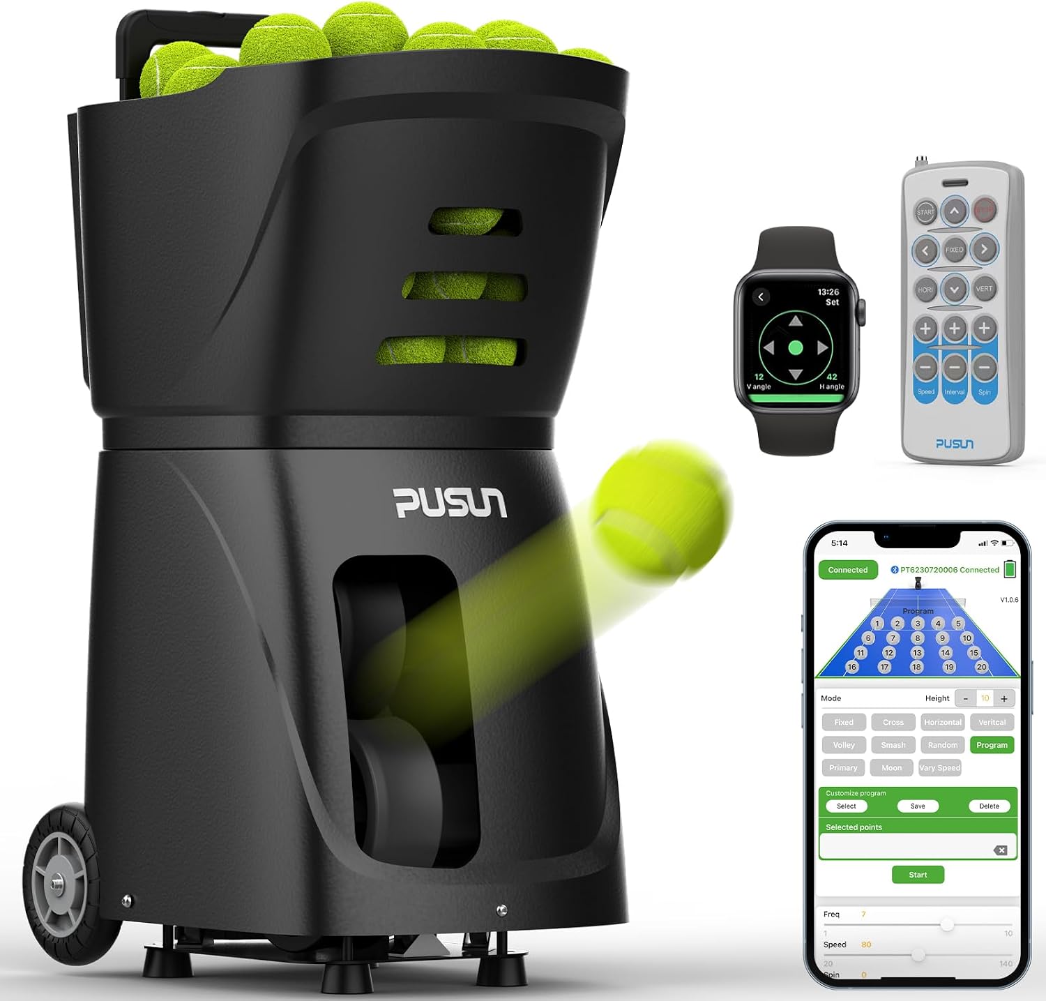 PT-SAMRT-Professional Tennis Ball Machine with App Control - 100+ Ball Capacity - 12 Training Modes - 4-6 Hours Battery Life (Black)