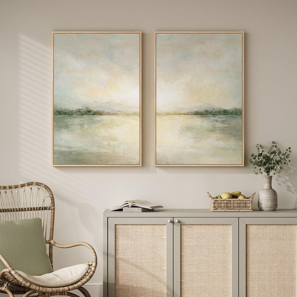 mxart Framed Sage Green Abstract Wall Art for Living Room, Large Set of 2 Abstract Landscape Canvas Artwork for Walls, Minimalist Painting Print for Bedroom Dining Room Office Hallway Wall Decor, 24x36 Inch
