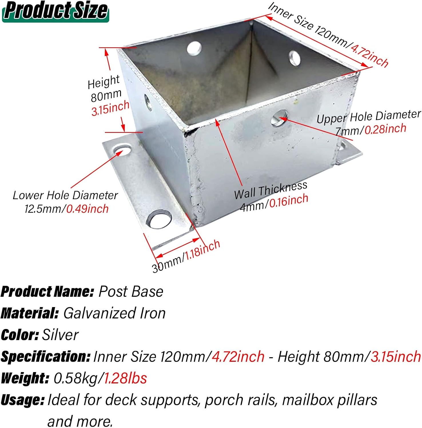 2 Pcs Heavy Duty Post Base Protectors for Wood Fence & Deck Support Brackets, Outdoor Pavilion Railing, Mailbox & Fence Post (120x80mm/4.7x3.2in)