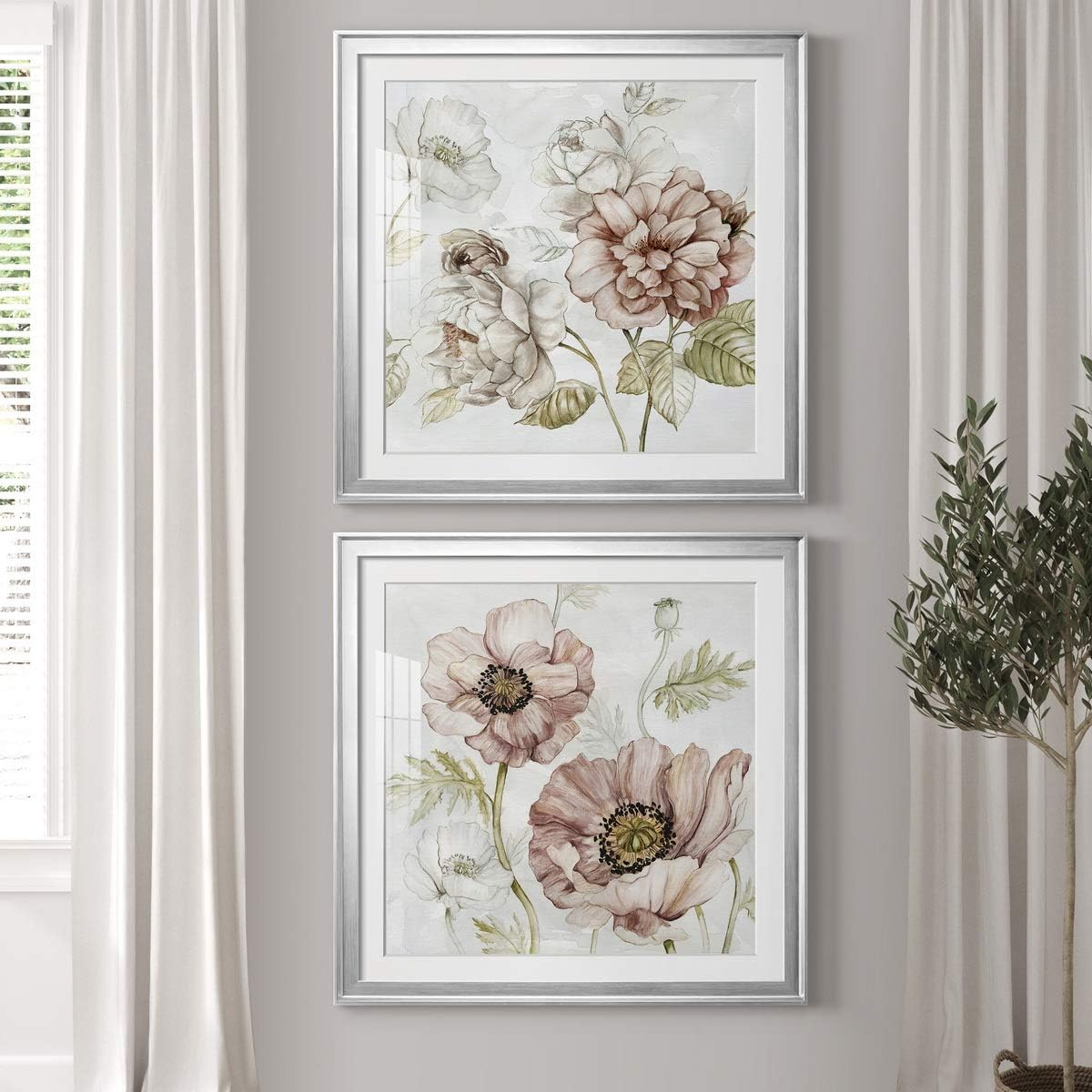 Abstract Wall Art, Wall Décor Print, Animals, Flowers, Coastal, Geometric, and Vibrant Colors, With Matte Board, Acrylic Glass, and Hanging Hardware - Washed Botanical III - Silver Framed 34X34