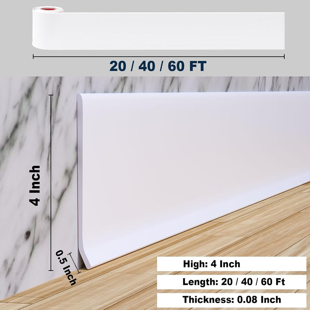Duzzy Flexible Baseboard Molding Trim, 4 Inch(W) x 100 Feet(L) Peel and Stick Rubber Wall Trim Molding, Self-Adhesive Vinyl Wall Base Cove Base