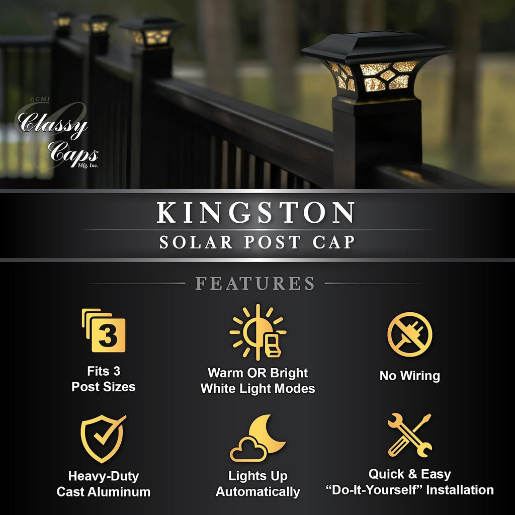 Classy Caps Kingston Solar Post Caps 8 Pack - Fits 2x2 2.5x2.5 3x3 Posts (Black)