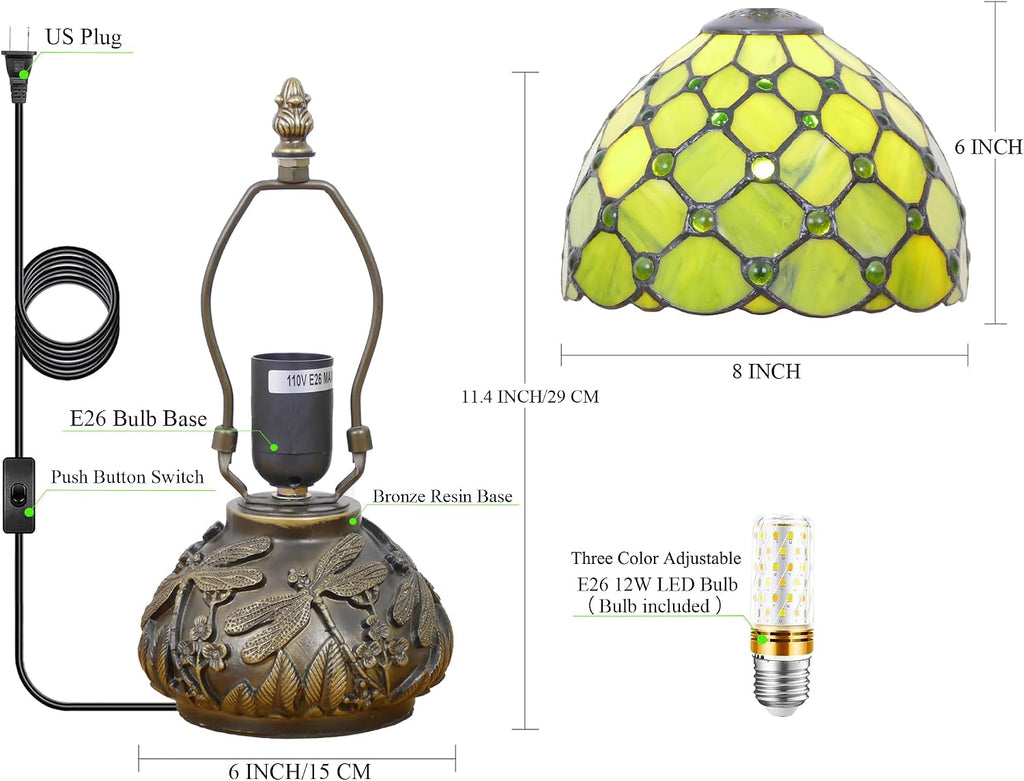 Small Tiffany Lamp Mini Stained Glass Table Lamp Green Yellow Pearl Style Mushroom Accent Lamp 8X11 Inch
