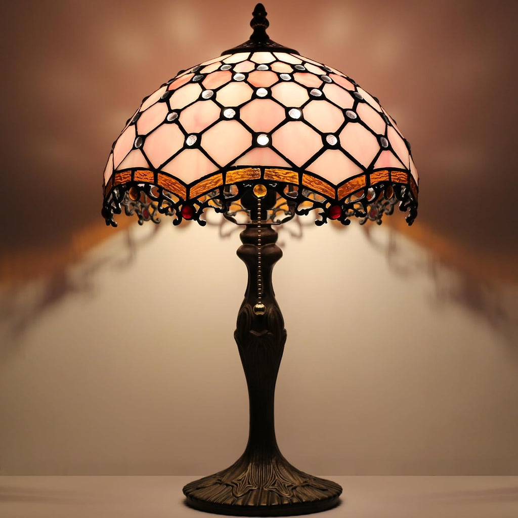 Tiffany Lamp Stained Glass Table Lamp 12 x 19' Pink Beads Style Bedside Reading Lamp Decorative Light for Desk Living Room Bedroom Office Study Light Home Decor Gift