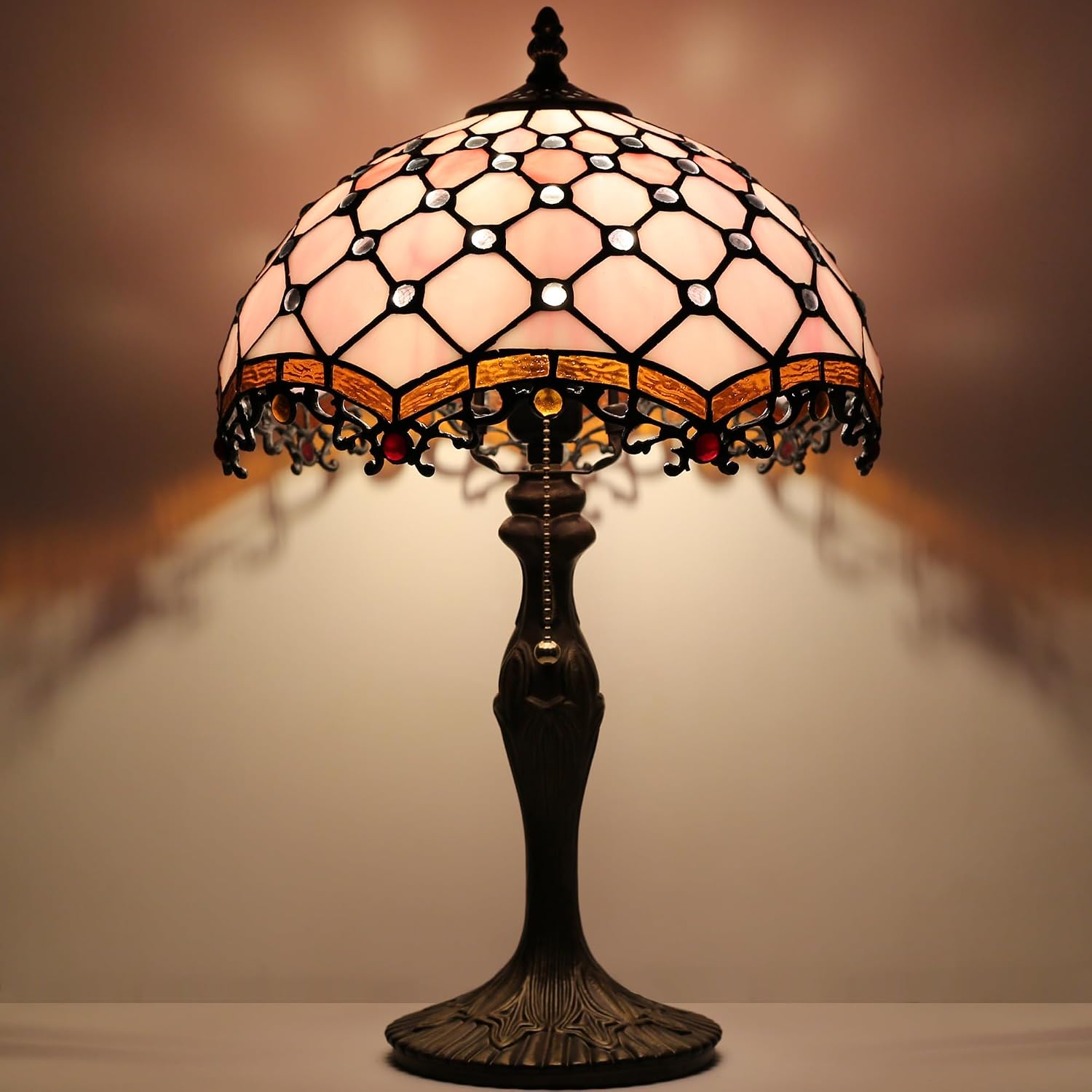 Tiffany Lamp Stained Glass Table Lamp 12 x 19' Pink Beads Style Bedside Reading Lamp Decorative Light for Desk Living Room Bedroom Office Study Light Home Decor Gift