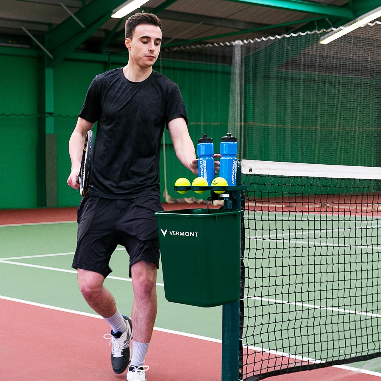Vermont Tennis Court Trash Can & Shelf | Durable PVC with Aluminum Bracket
