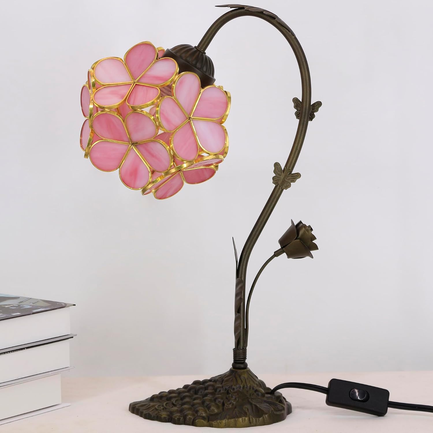 Tiffany Lamp Stained Glass Pink Small Flower Petal Table Lamp with Metal Leaf Resin Base 10X6X16 Inches Desk Reading Light